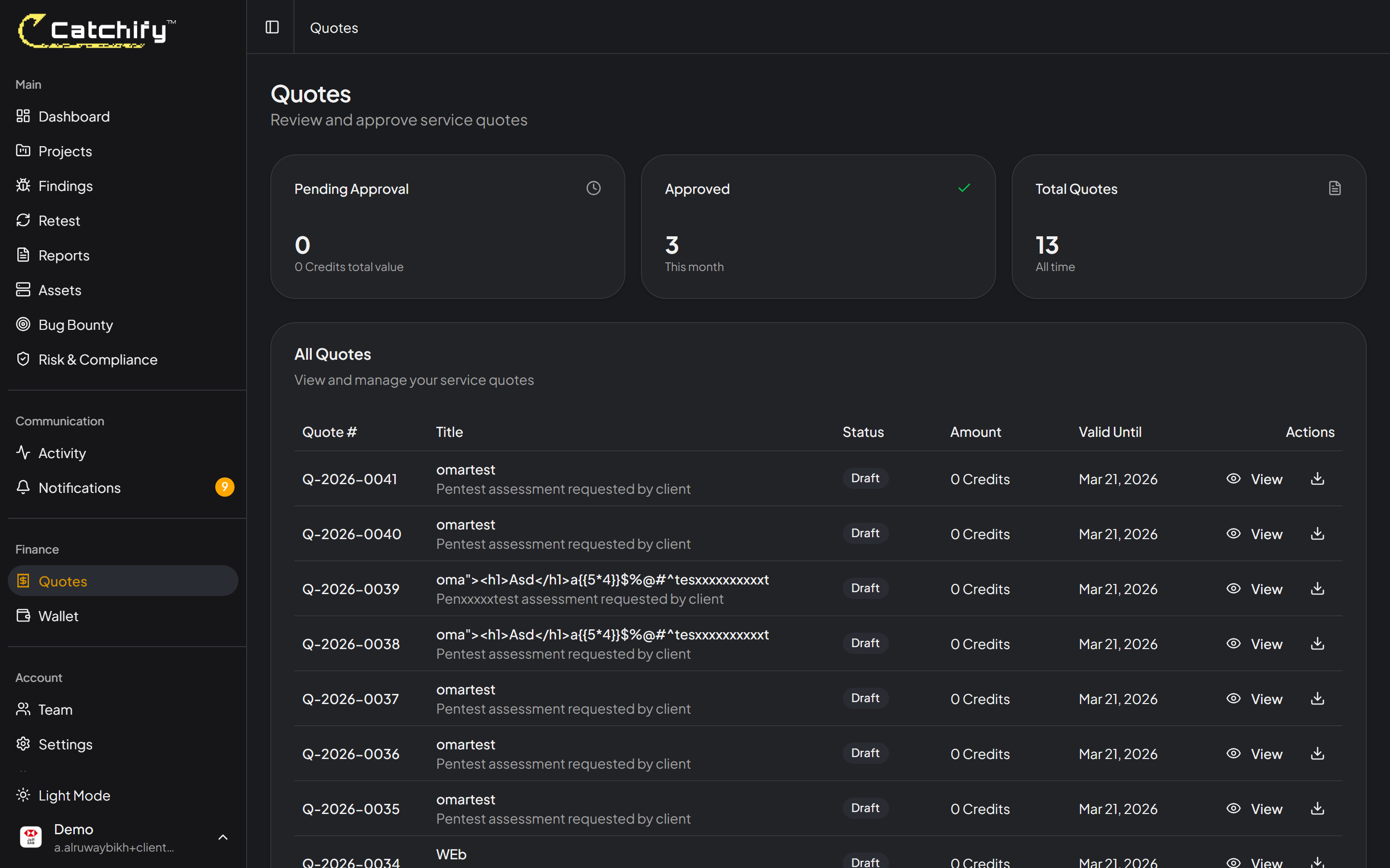 Quotes page showing quote requests and their statuses