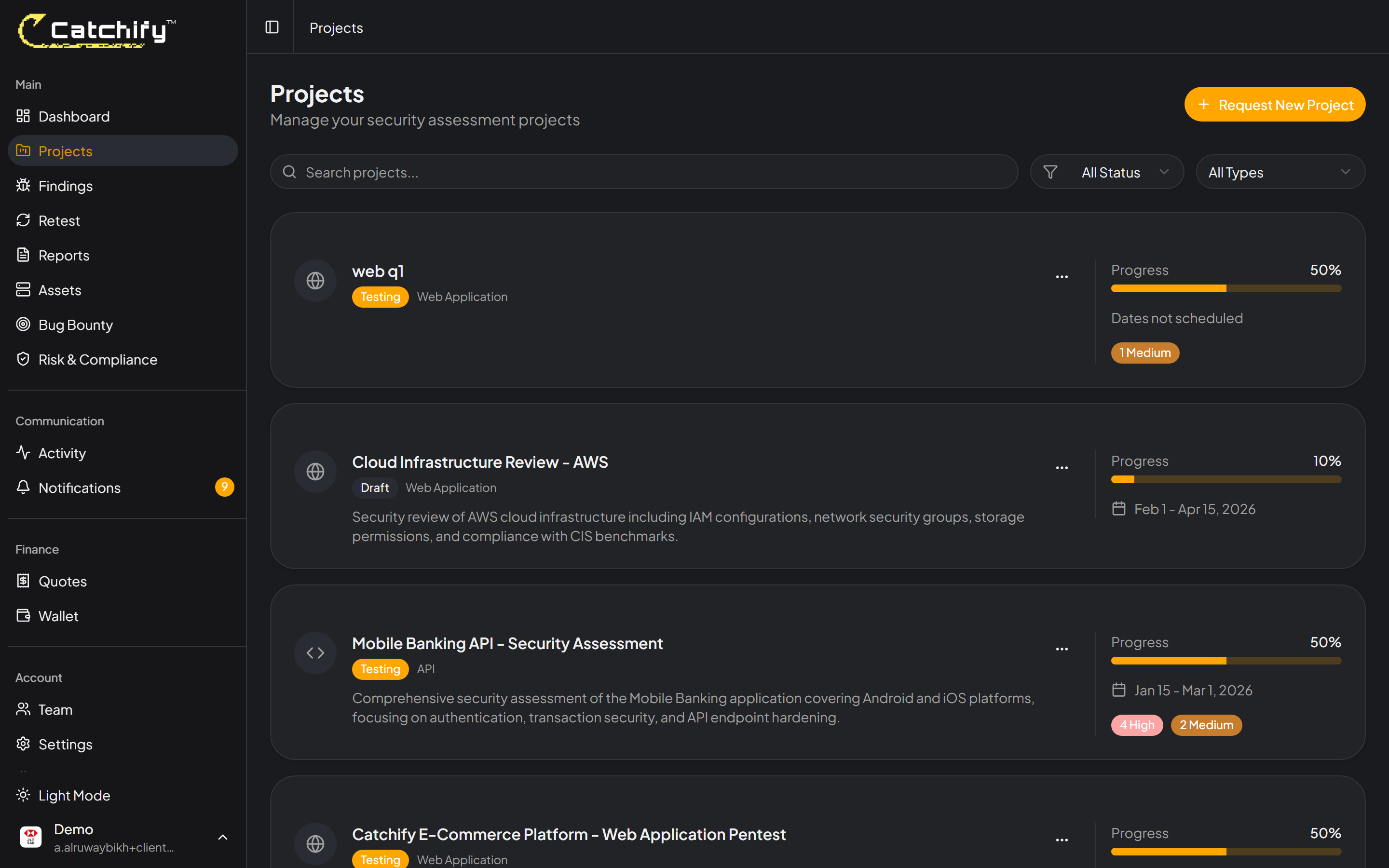 List of penetration testing projects showing status and finding counts