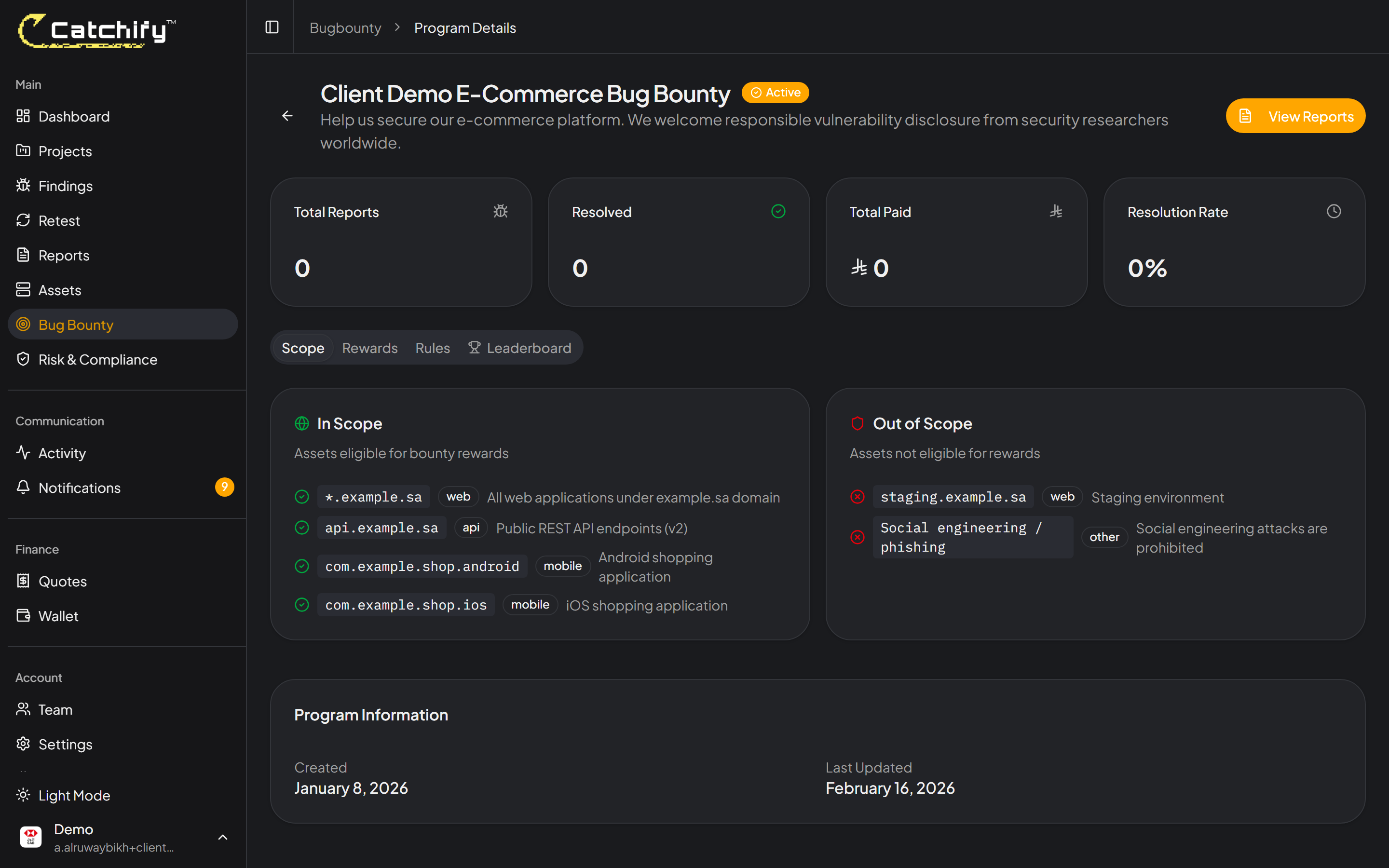 Bug bounty program overview page showing status, scope, and reward table