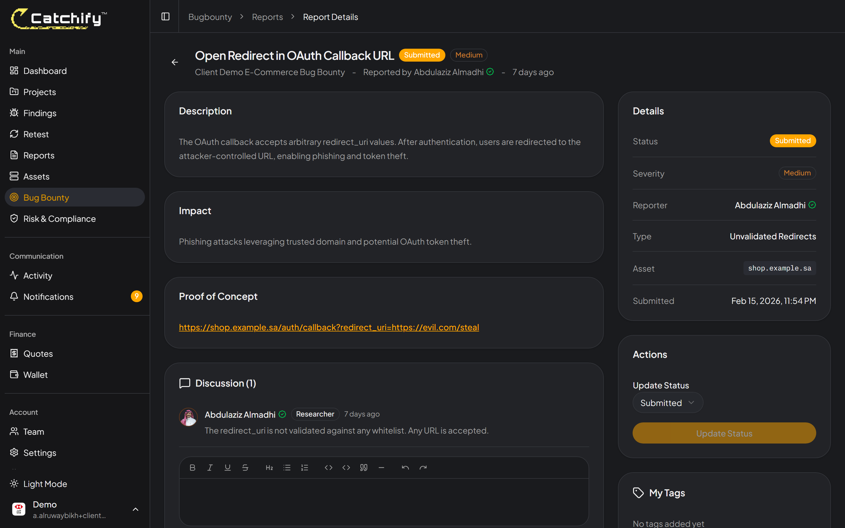 Bug bounty report detail showing description, steps to reproduce, and evidence