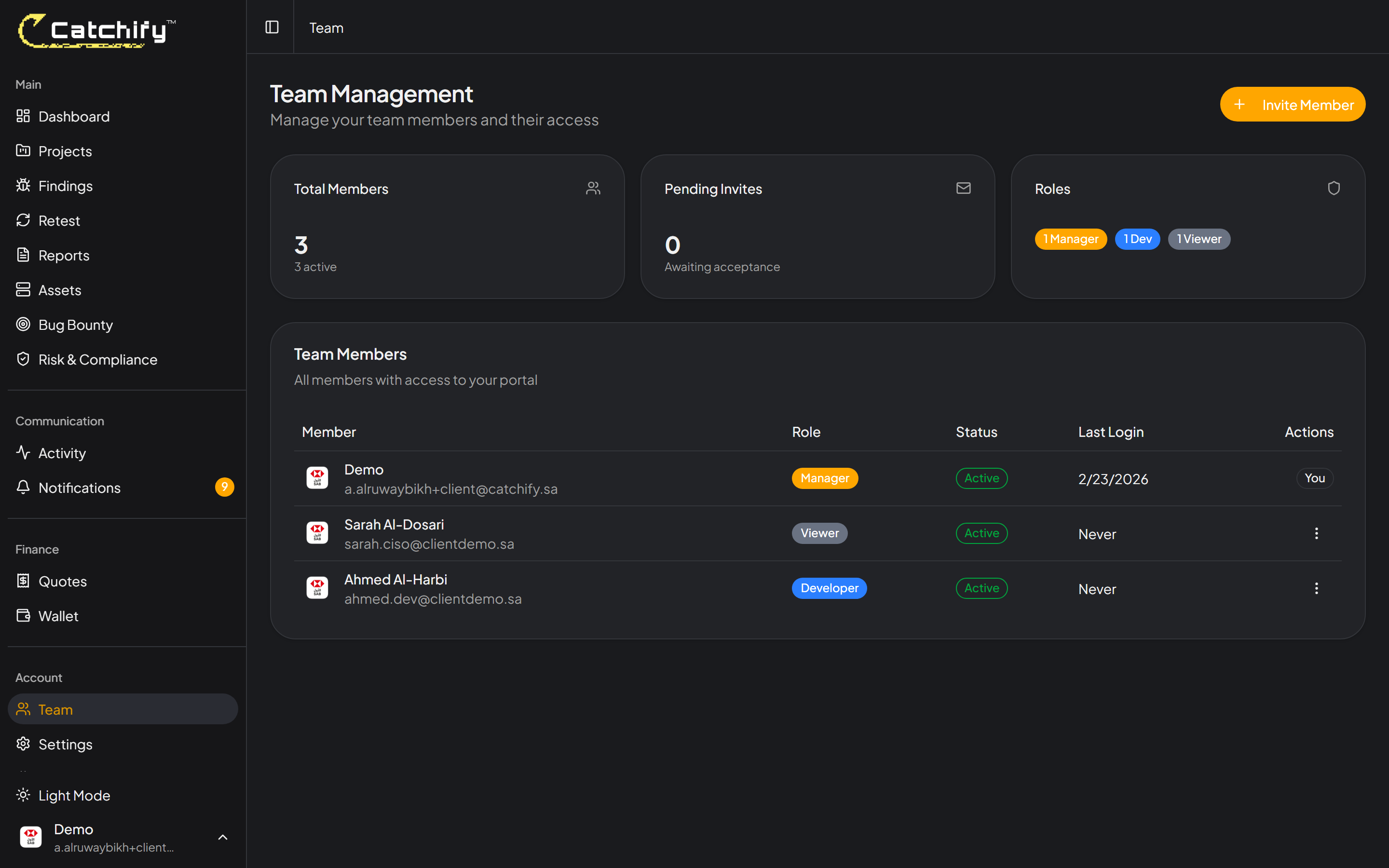 Team member invitation form with email, name, and role fields