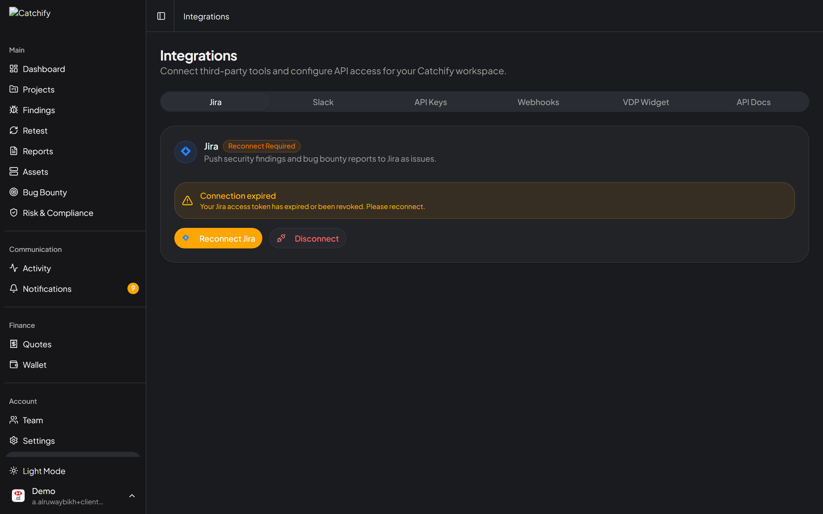 Integrations page showing the Slack integration tab