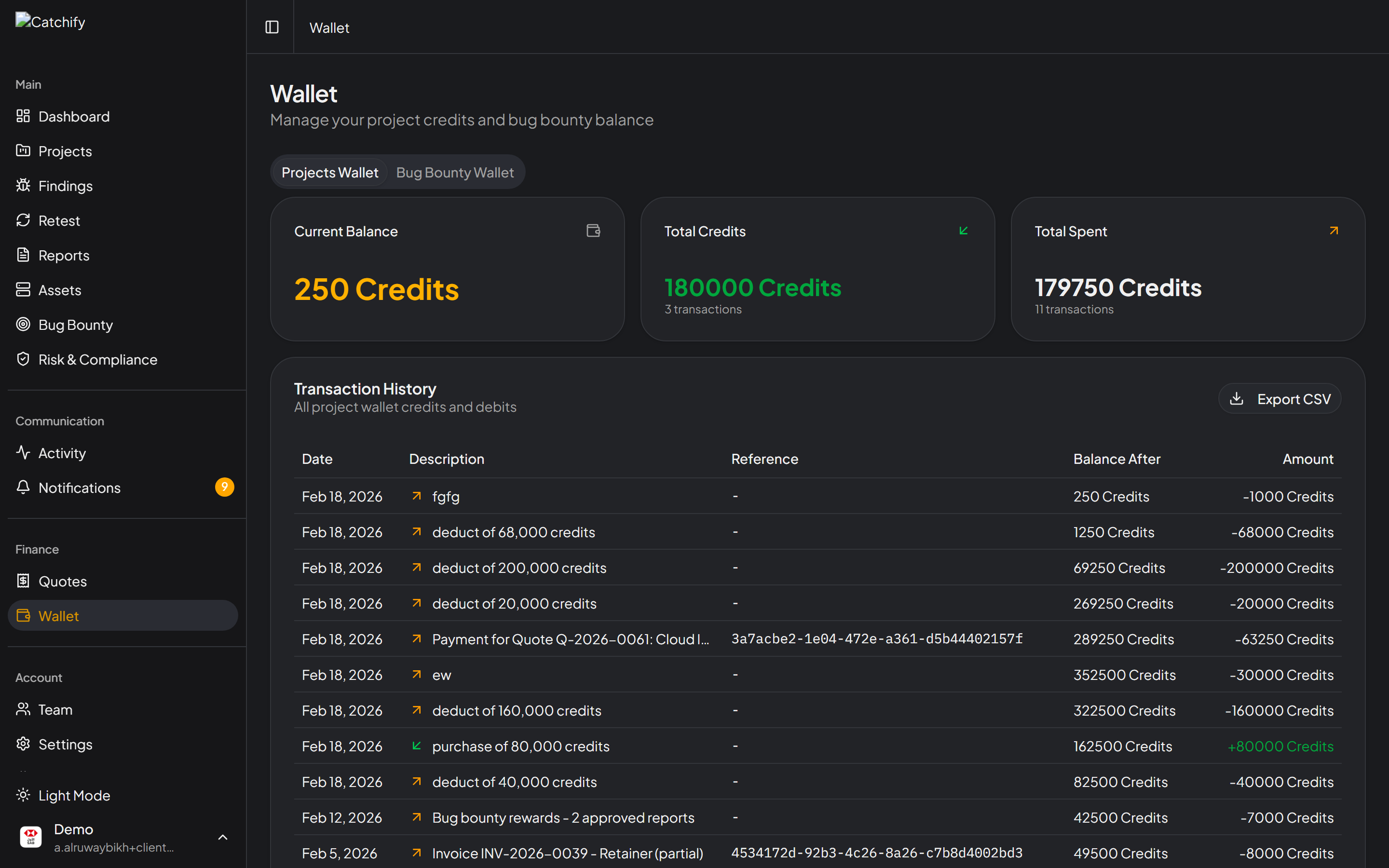 Bug bounty wallet showing balance, pending rewards, and transaction history