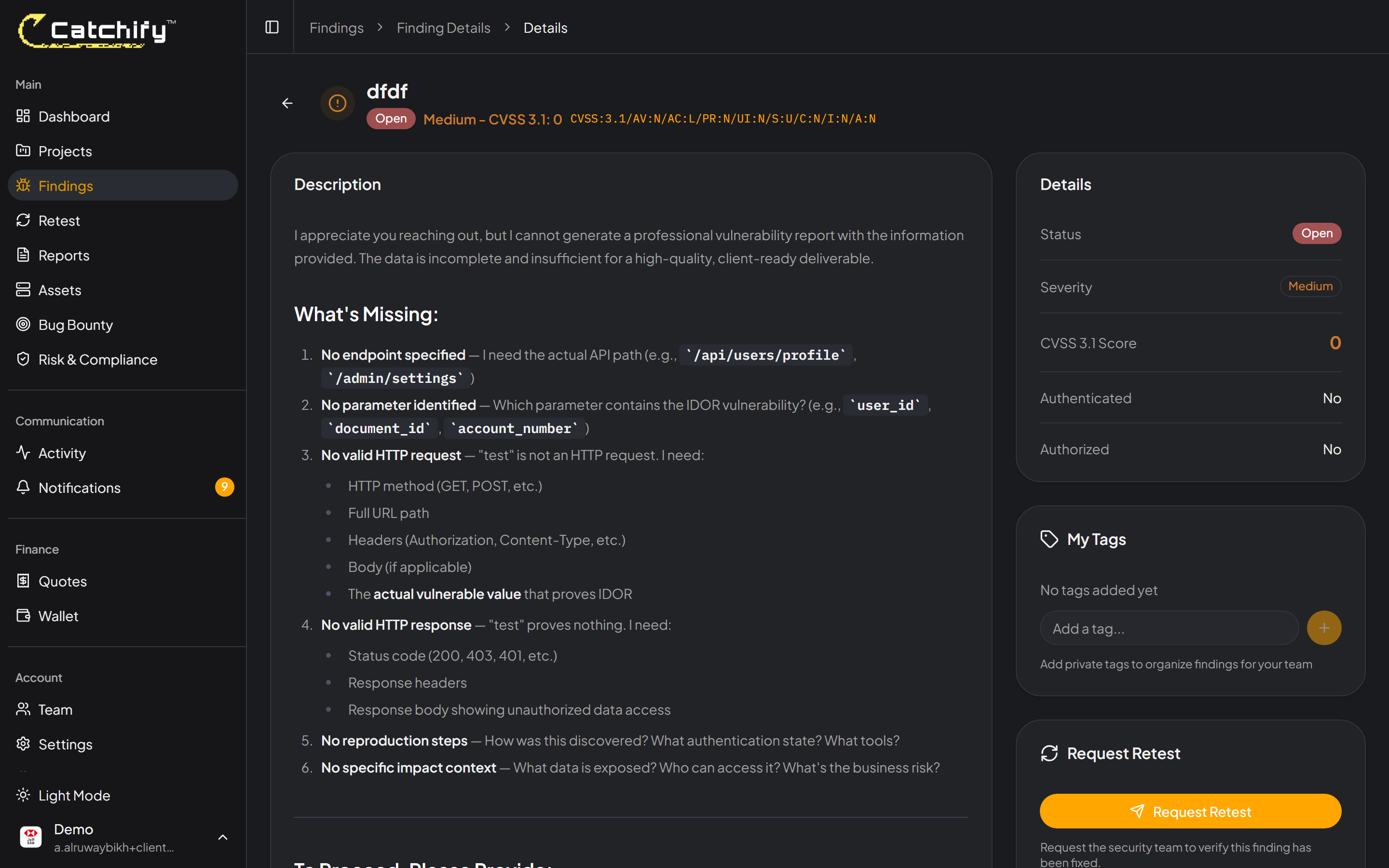 Detailed finding within a pentest report showing description, evidence, and recommendation