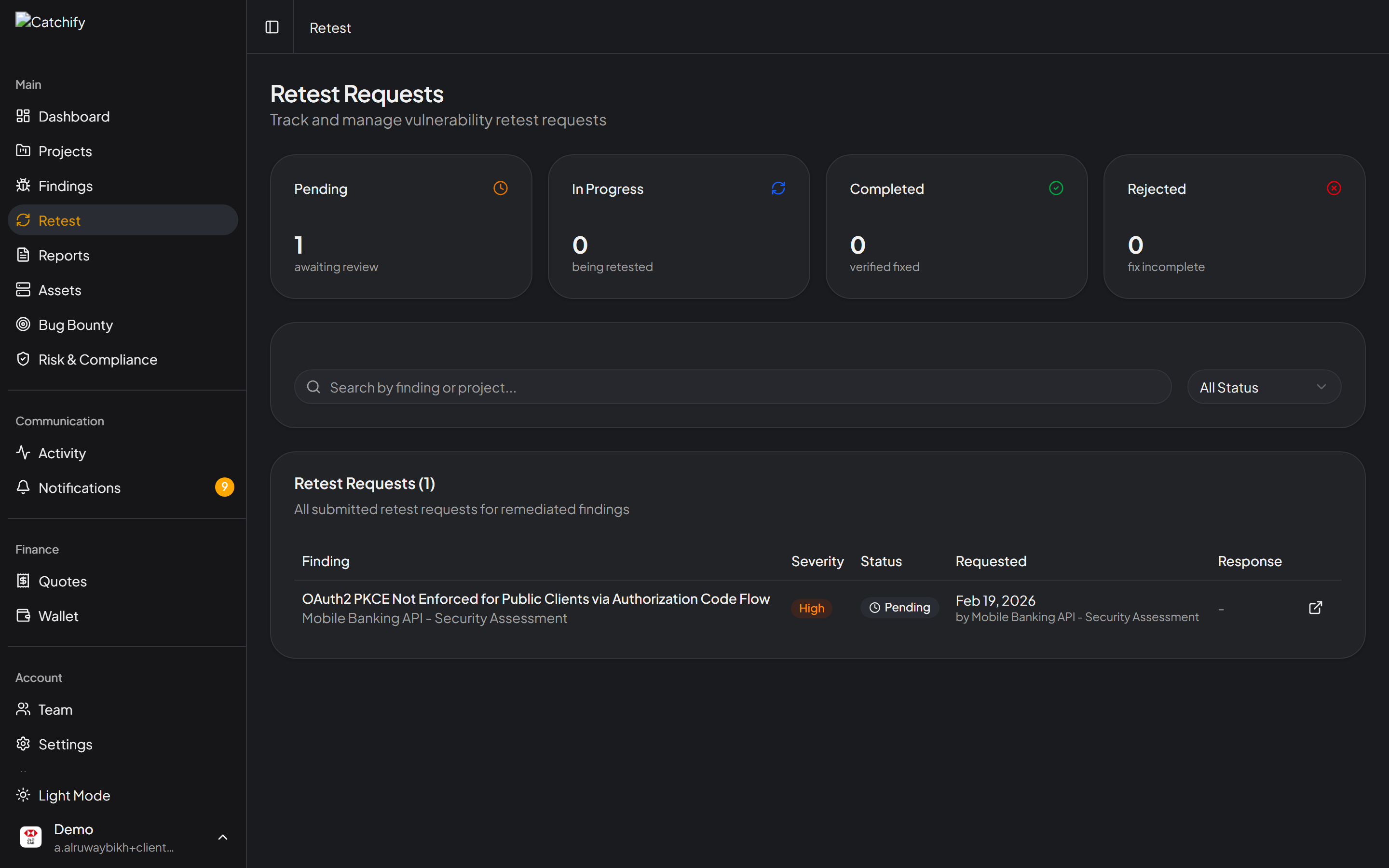 Finding detail page showing the Request Retest button