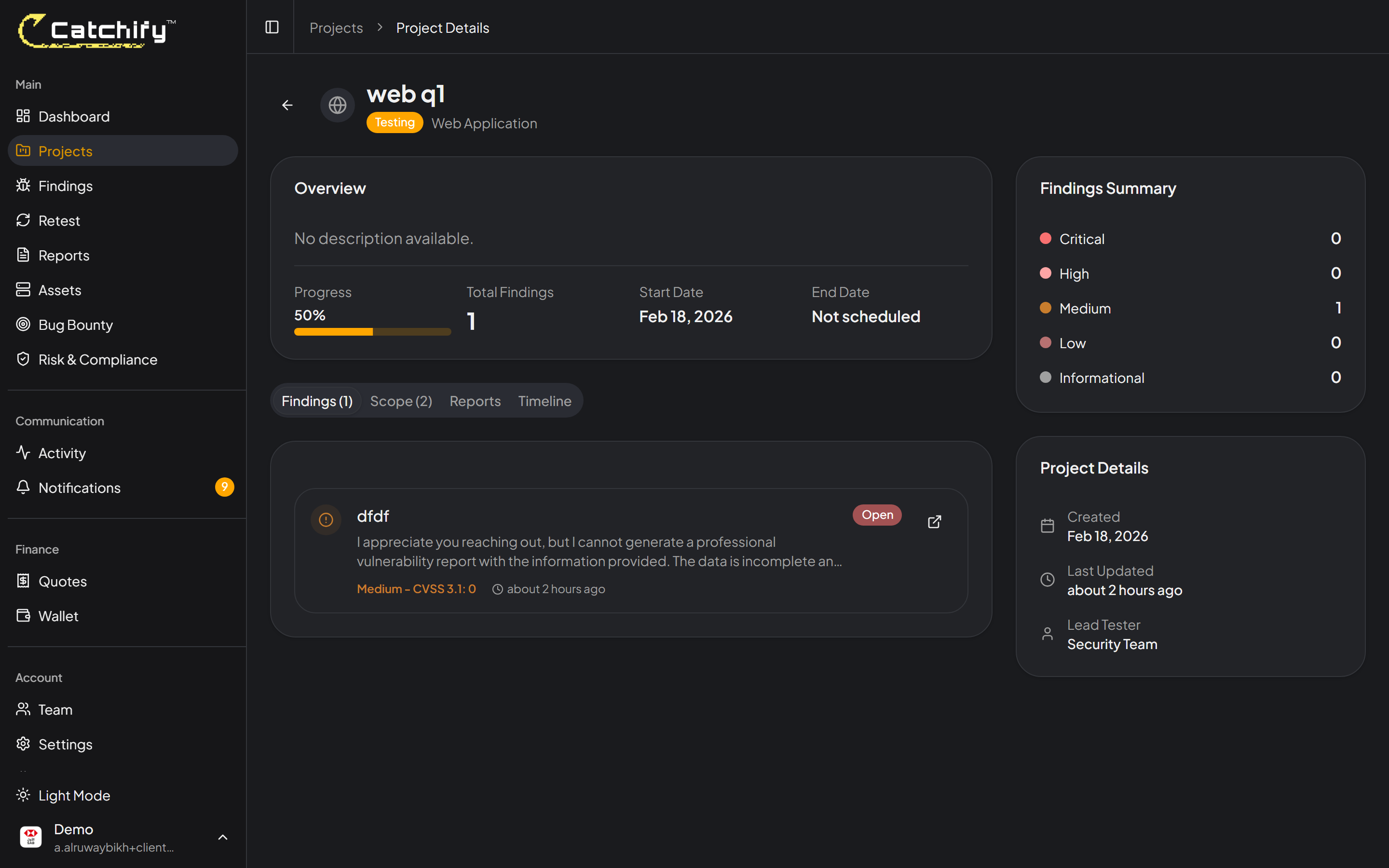 Project detail page showing scope, type, and timeline