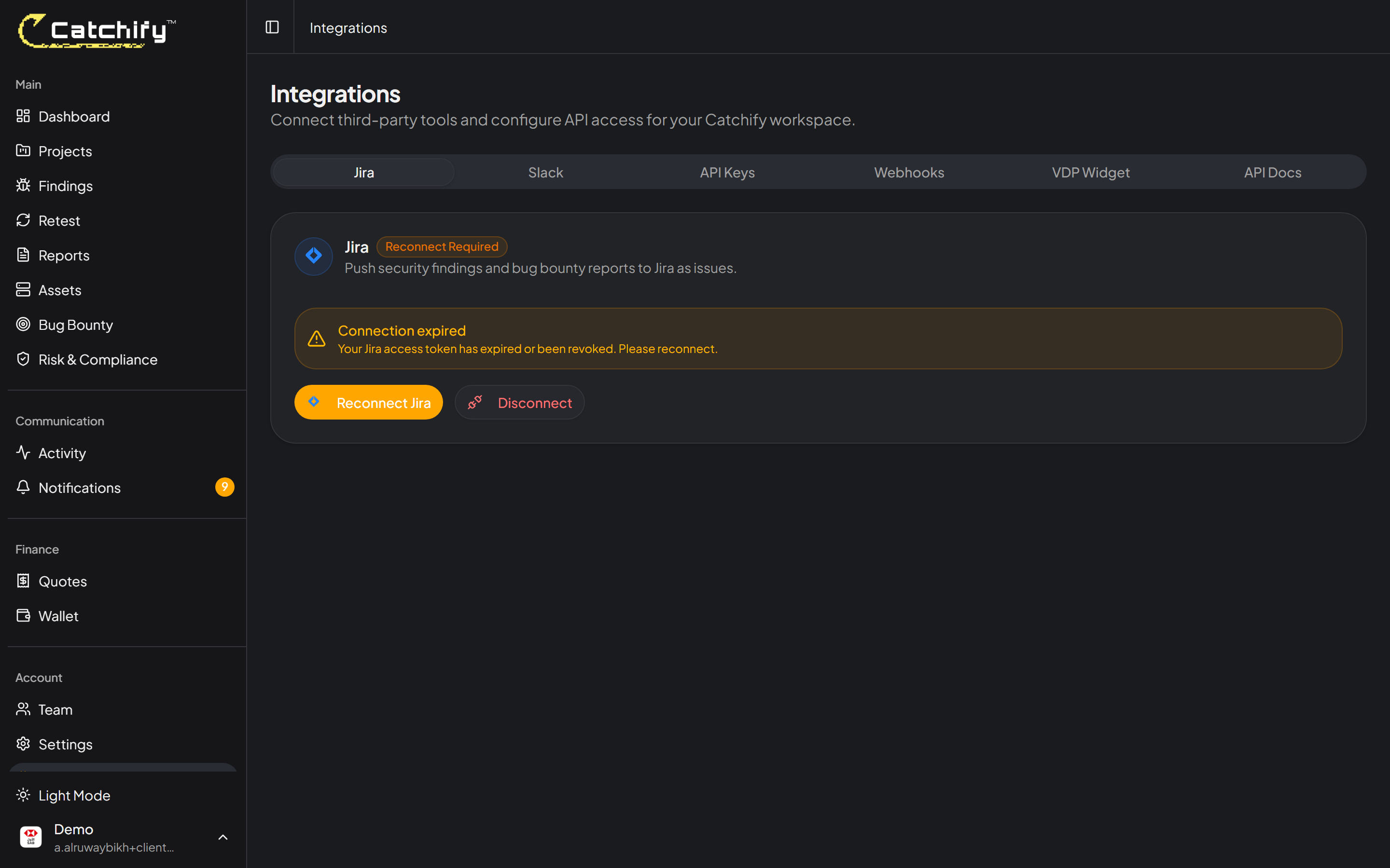 Jira integration tab in the Catchify portal