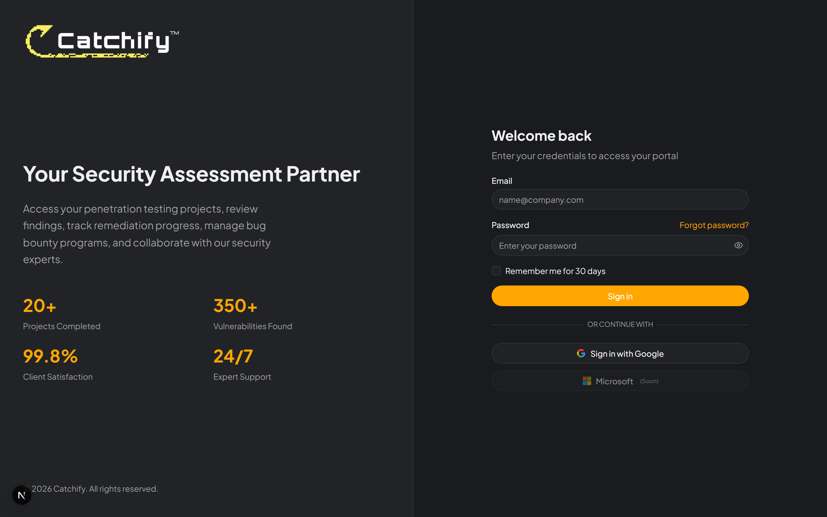 Catchify client portal login page with email and password fields